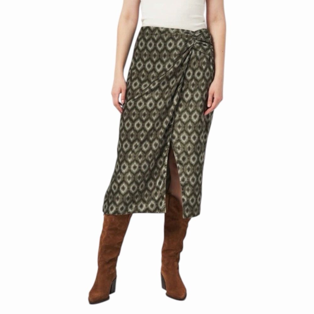 ZARA NWT Women’s Geometric Faux Wrap Midi Skirt Olive Green Gray Velvet Size S